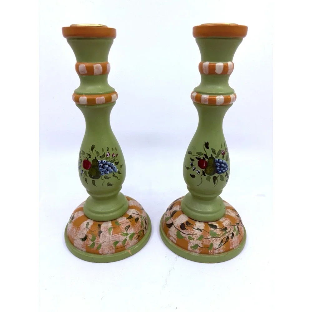 Vtg Green Country Floral Candlestick Holders Jane Keltner